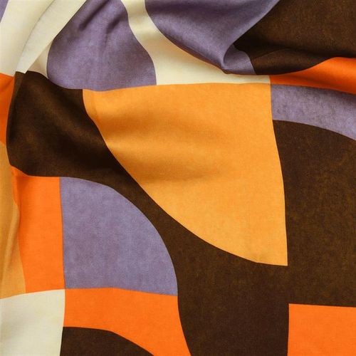 Viscose satijn paneel met abstract motief in bruin, oranje en mauve tinten - A La Ville Knipmode